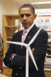obama with wind turbine 1 Obama On Course To Decrease Dependance On Imported Oil