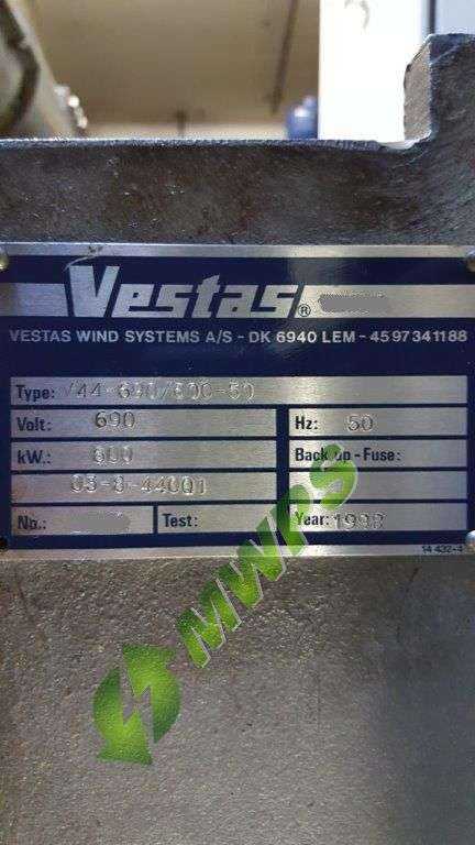 Vestas V44 1998 600Kw Plate 1 VESTAS V44 Wind Turbine   Easy De Rate